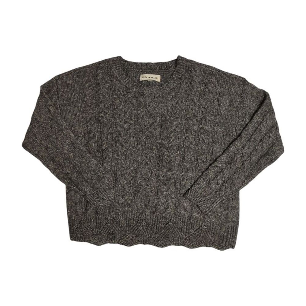 Lucky Brand Women's Lightweight Scallop Edge Hemmed Cable Knit Sweater - Black
